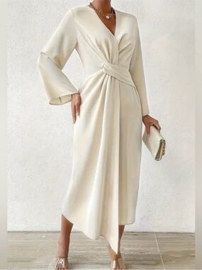 Elegant Cream Wrap Midi Dress with Knot Front